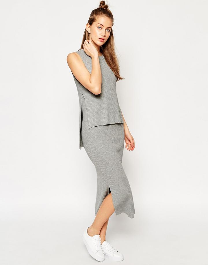 Asos Maxi Dress In Rib Double Layer Detail - Gray