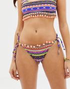 Asos Design Recycled Graphic Print Bead Pom Pom Embellished Tie Side Bikini Bottom - Multi