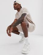 Asos Design Tracksuit Short Sleeve Sweatshirt/skinny Shorts In Beige Ribbed Fabric
