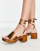 Topshop Willa Mid Heel Clogs With Tie In Bronze-brown