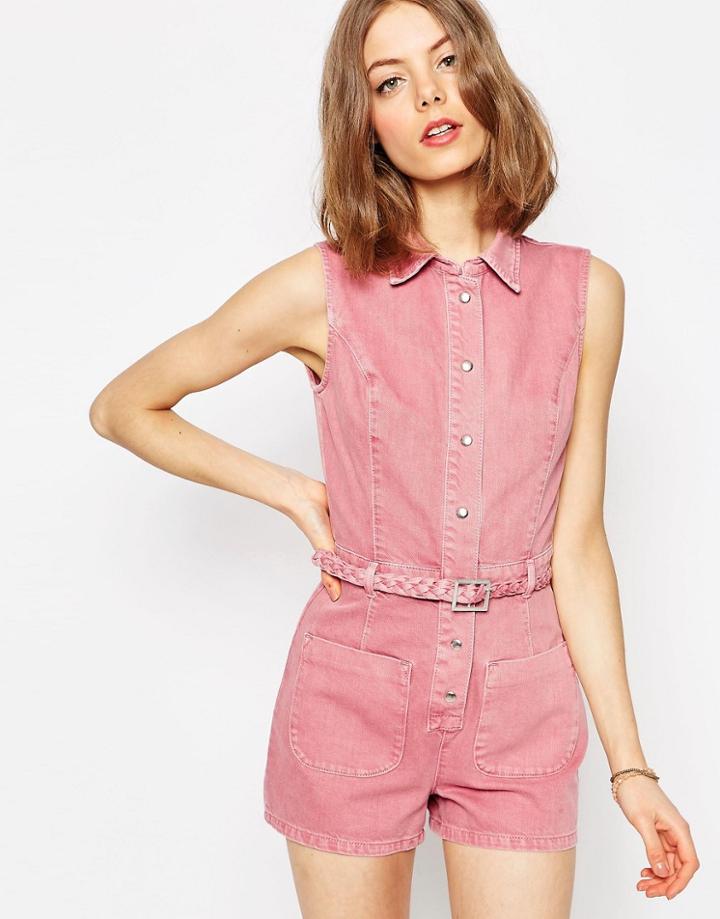 Asos Denim Braid Waist Romper - Pink