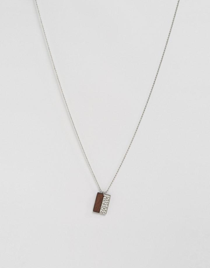 Asos Wood And Hammered Metal Pendant Necklace - Silver