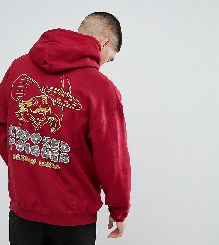Crooked Tongues Hoodie With Pizza Print In Burgundy - Red