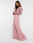 Maya Bridesmaid Long Sleeved Maxi Dress With Delicate Sequin And Tulle Skirt In Vintage Rose-white