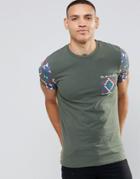 Asos Muscle T-shirt With Geo-tribal Print Pocket And Sleeves In Khaki - Black Forest Green