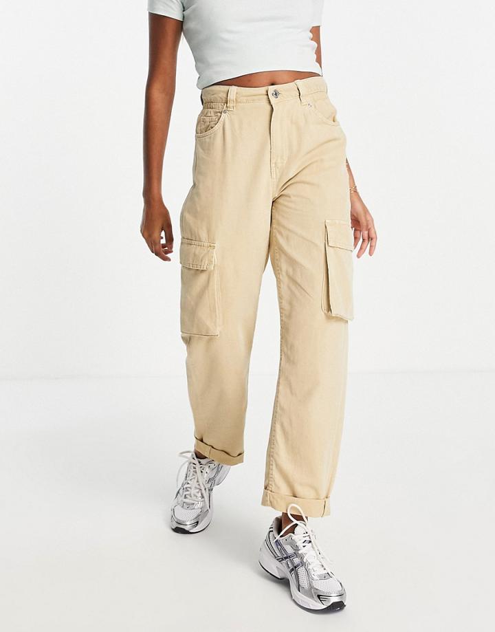 Bershka Pocket Detail Slim Leg Cargo Pants In Light Beige-neutral