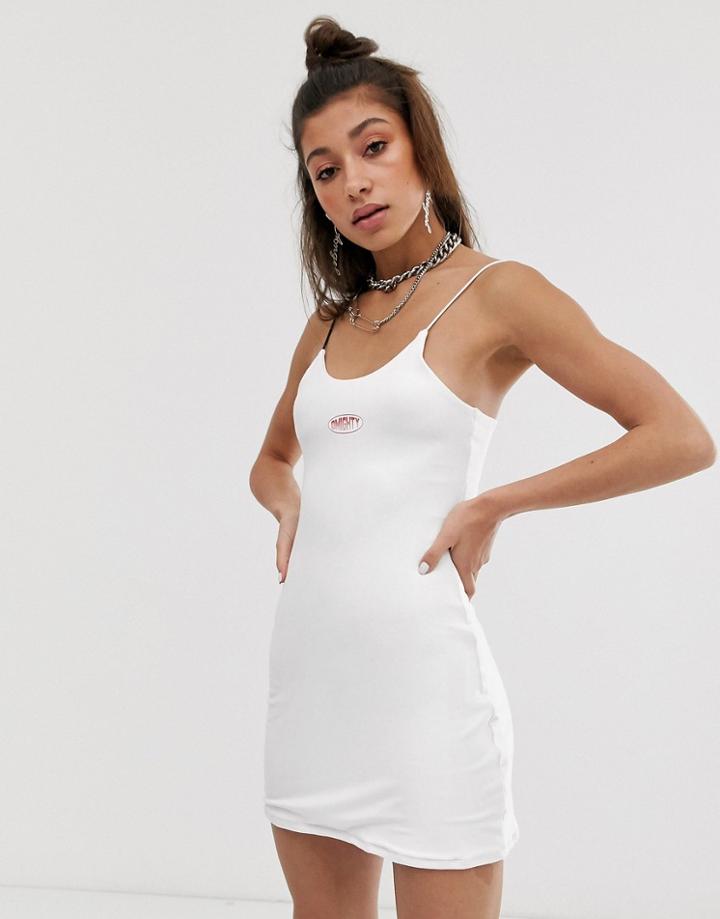 O Mighty Bodycon Mini Dress With Spaghetti Straps & Embroidered Logo-white