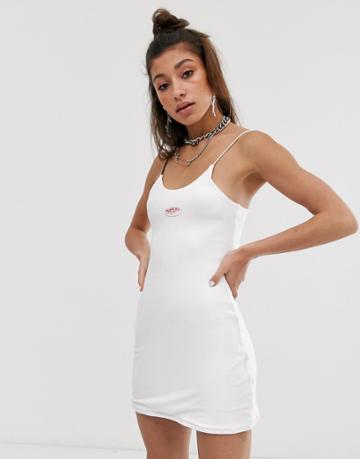O Mighty Bodycon Mini Dress With Spaghetti Straps & Embroidered Logo-white