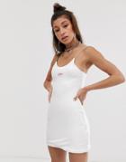 O Mighty Bodycon Mini Dress With Spaghetti Straps & Embroidered Logo-white