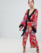 Asos Design Kimono Jumpsuit With Tipping In Floral - Multi