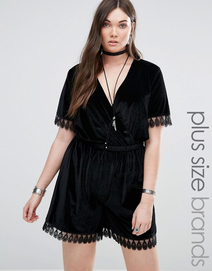 Alice & You Velvet Romper With Lace Trim - Black