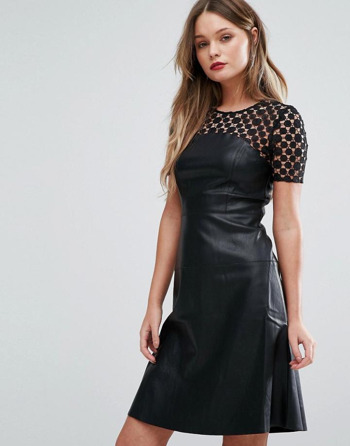 Vero Moda Leather Look Skater Dress With Lace Yoke - Black