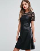 Vero Moda Leather Look Skater Dress With Lace Yoke - Black