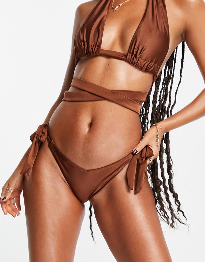 Asos Design Mix And Match Slinky Tie Side Bikini Bottom In Brown