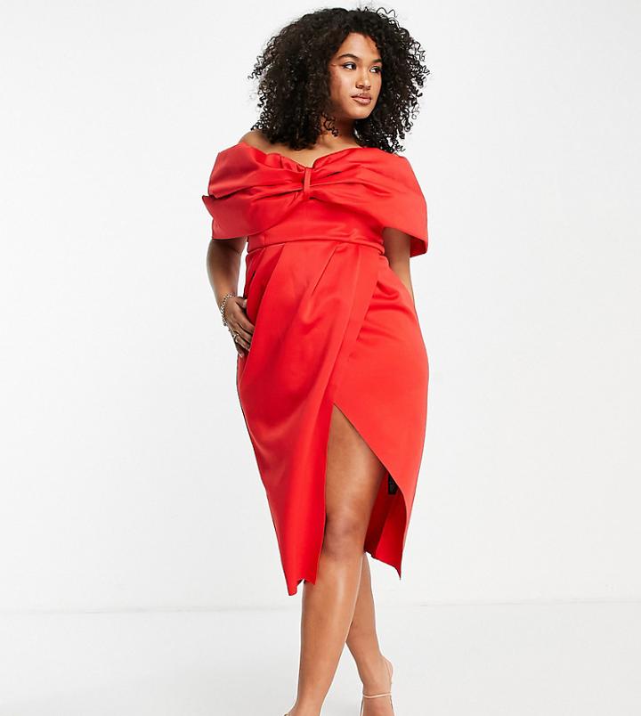 Asos Design Curve Off Shoulder Fold Wrap Pleat Midi Dress In Red