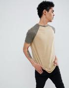 Asos Design Longline T-shirt With Curved Hem And Contrast Raglan Sleeves In Linen Mix In Beige - Beige