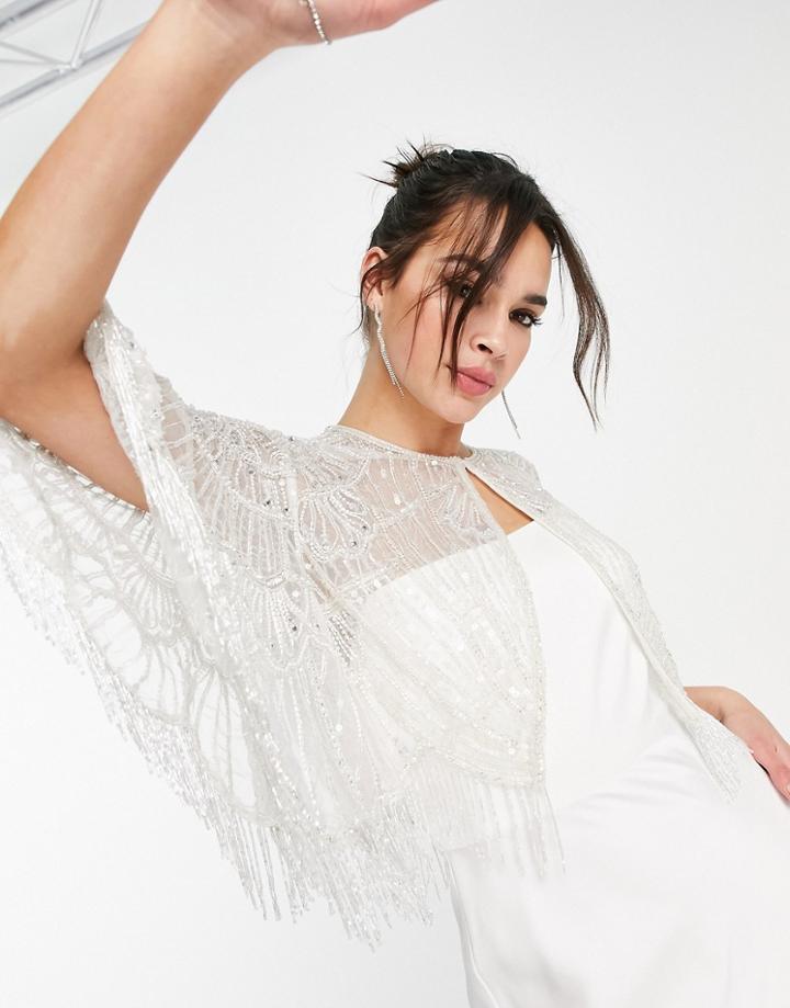 Asos Edition Embellished Fringe Cape In Ivory-white