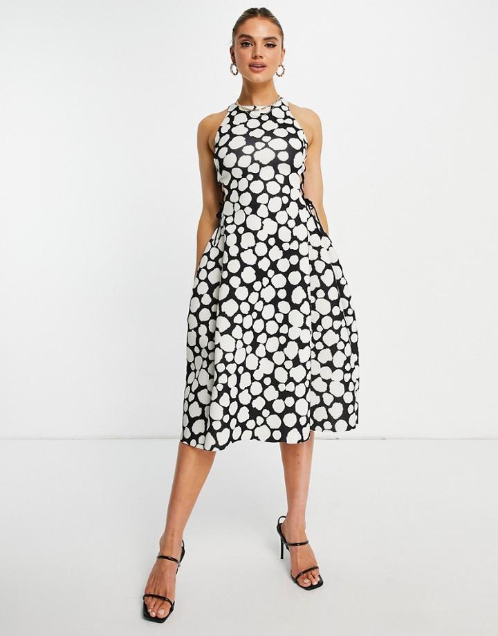Asos Design High Neck Cut-out Lace Up Side Midi Skate Dress In Geo Print-multi