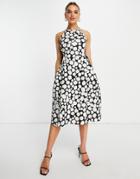 Asos Design High Neck Cut-out Lace Up Side Midi Skate Dress In Geo Print-multi