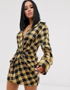 Lioness Knot Front Plunge Shirt Dress In Yellow Check Print - Multi