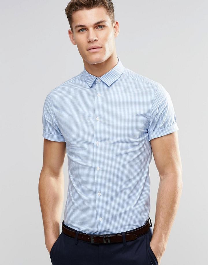 Asos Skinny Shirt In Mini Blue Gingham With Short Sleeves - Blue