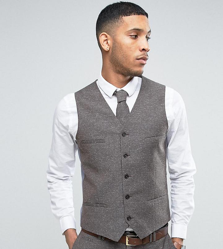 Noak Skinny Wedding Suit Vest In Linen Nepp - Brown
