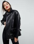 Asos Oversized Deconstructed Leather Biker Jacket - Black
