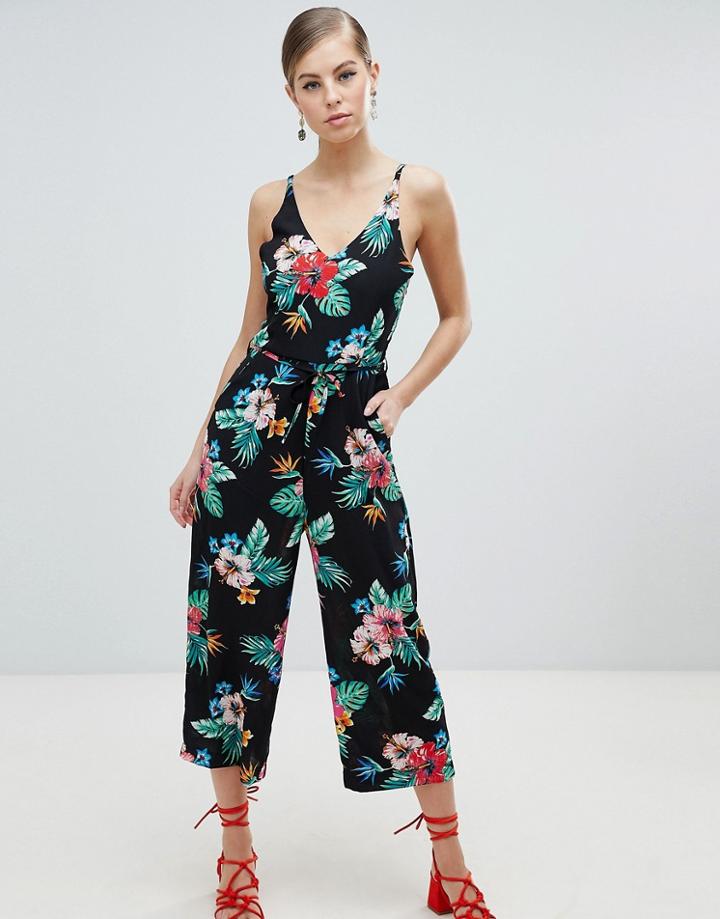 Ax Paris Tropical Print Culotte Jumpsuit - Black