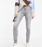 Noisy May Tall Callie High Waisted Ripped Knee Skinny Jeans In Gray