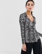 River Island V Neck Blouse With Belt In Snake Print-pink