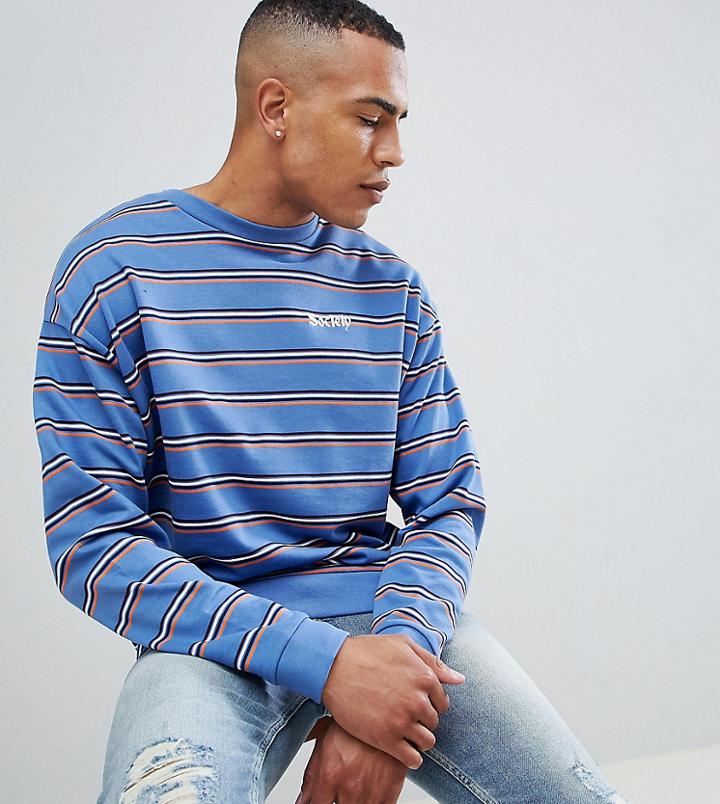 Asos Design Tall Oversized Retro Striped Sweatshirt With Embroidery - Blue