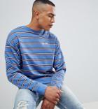 Asos Design Tall Oversized Retro Striped Sweatshirt With Embroidery - Blue