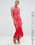 Jarlo Tall Halterneck Cutwork Lace Midi Dress With Frill Hem - Red