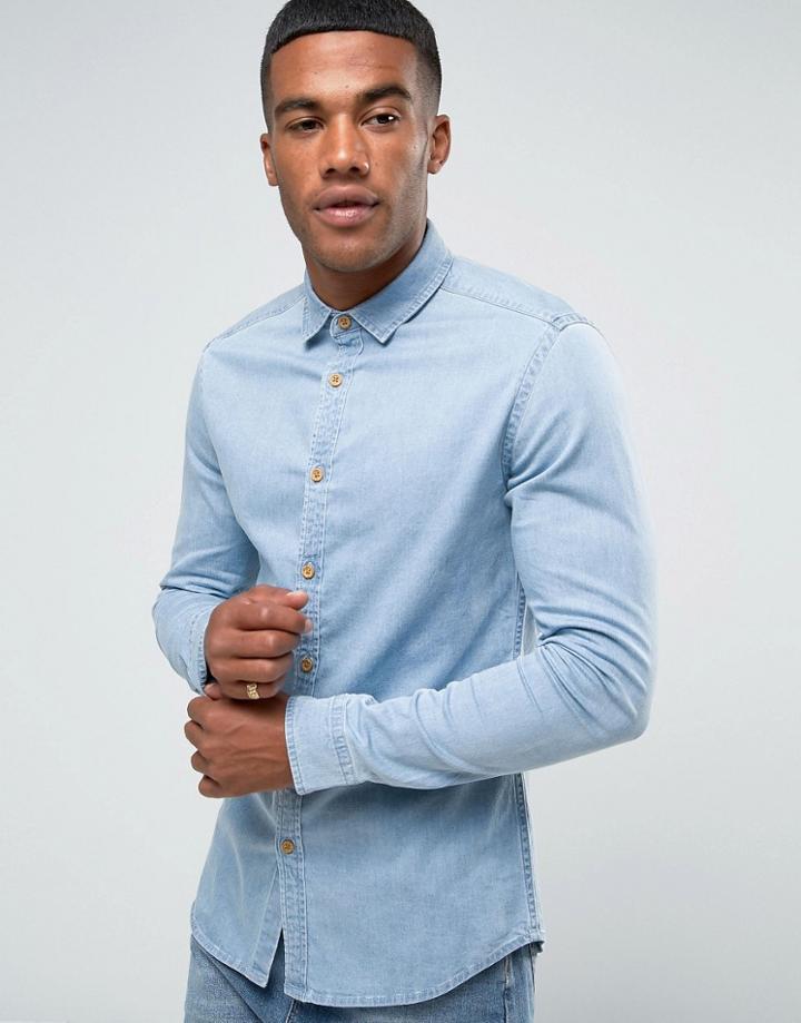 Asos Skinny Denim Shirt In Bleach Wash - Blue