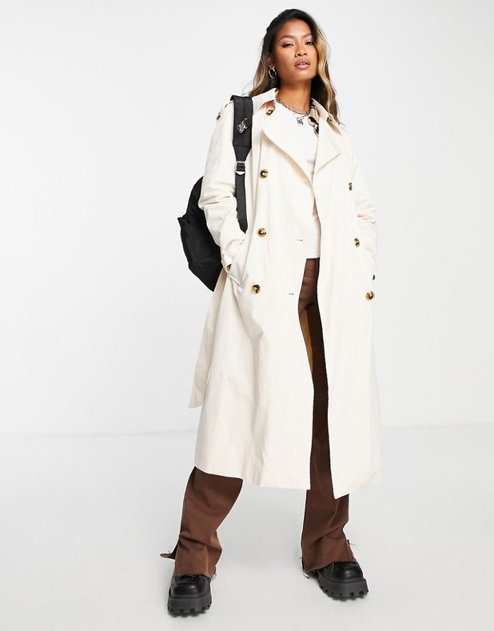 Object Cotton Midi Trench Coat In Ecru - Stone-neutral