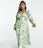 Asos Design Curve Satin Button Through Midi Tea Dress In Green Base Floral Print-multi