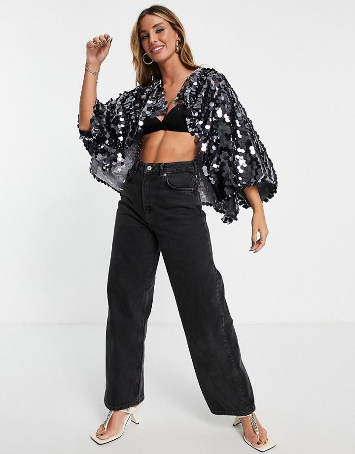 Asos Design Sequin Cape In Navy