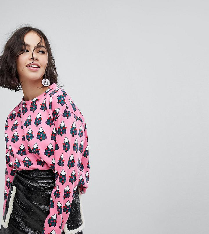 Monki Holidays All Over Xmas Tree Sweatshirt Sweater - Pink