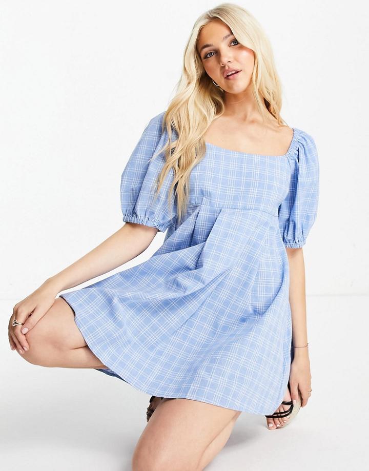 Skylar Rose Puff Sleeve Mini Skater Dress In Ginham-blues