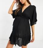 Asos Design Maternity Tiered Crinkle Beach Cover Up In Black