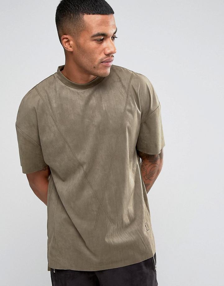 Religion Faux Suede T-shirt In Drop Shoulder - Green