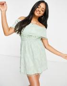 Influence Burnout Bardot Beach Dress With Pom Poms In Sage-green