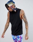 Asos Design Festival Longline Sleevless T-shirt With Mermaid Sequin Hood In Black - Black