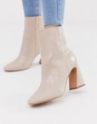 Miss Selfridge Flare Heeled Boots In Cream Croc