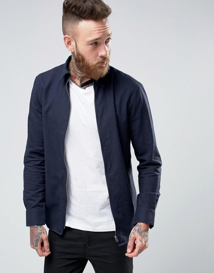 Farah Zipthru Hopsack Shirt Regular Fit In Navy - Navy