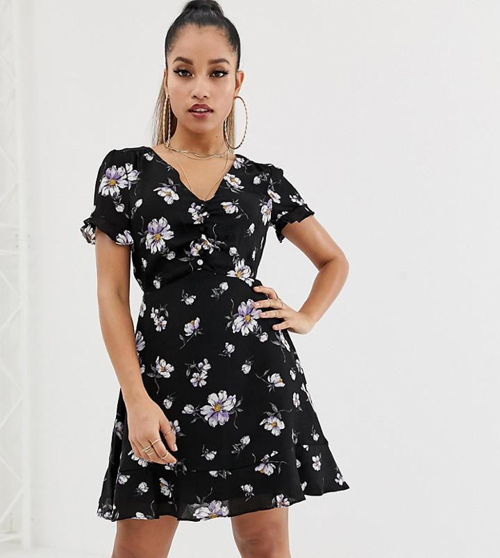 Missguided Petite Floral Tie Front Tea Dress Black - Multi