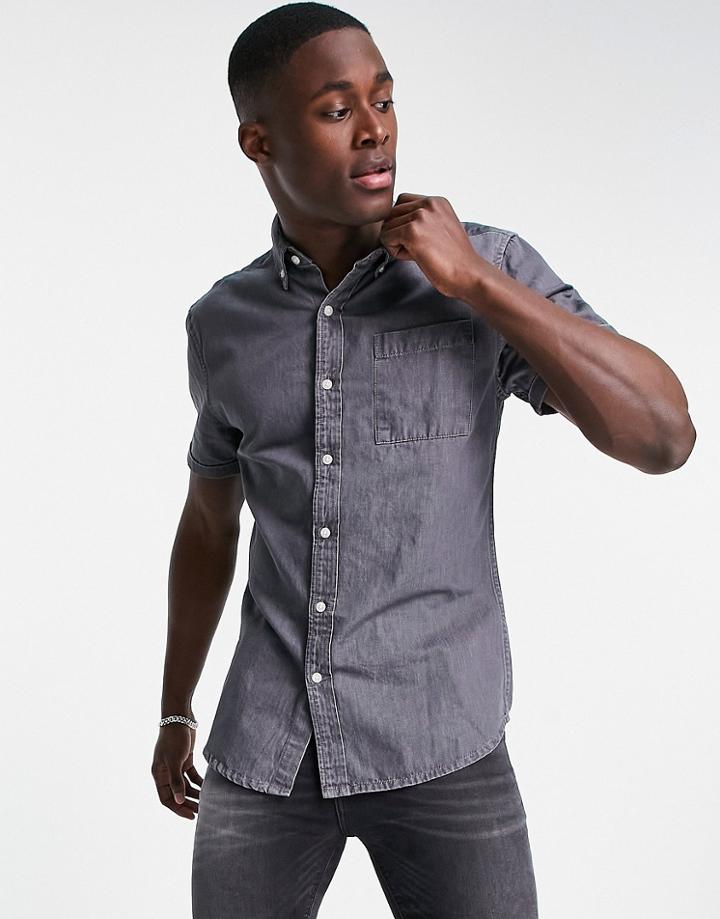 New Look Short Sleeve Denim Shirt In Mid Gray-grey