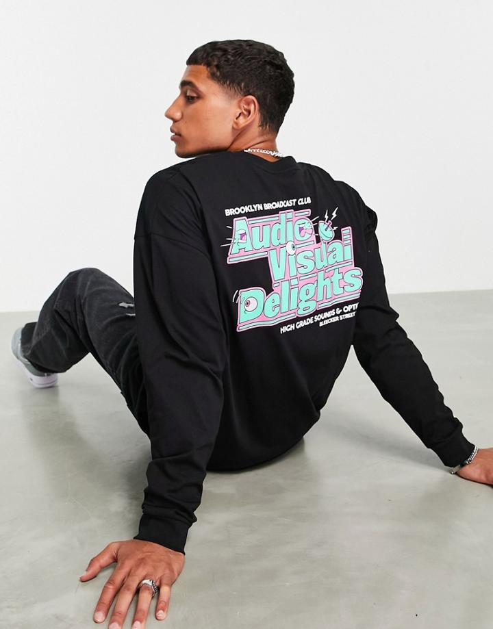 Asos Design Oversized Long Sleeve T-shirt With Back Audio Graphic Print-black