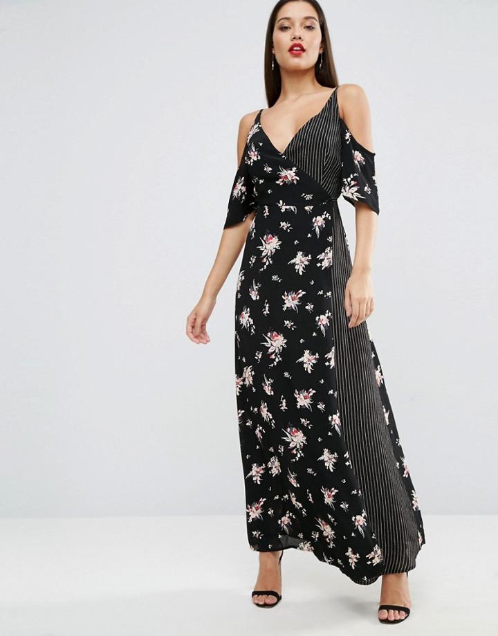 Asos Wrap Front Maxi Dress With Cold Shoulder In Mixed Print - Multi