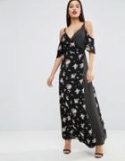 Asos Wrap Front Maxi Dress With Cold Shoulder In Mixed Print - Multi